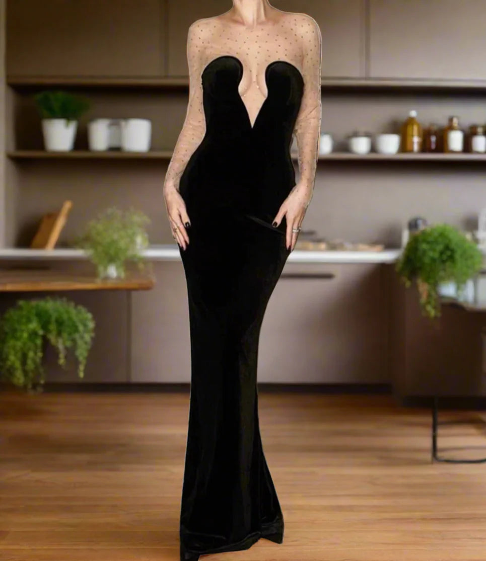 Vestido Weitese de terciopelo con diamantes de imitación, vestido largo de fiesta, vestido negro elegante con corsé y corte sirena, vestido de fiesta.